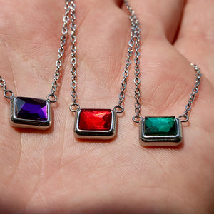 Silver Emerald Cut Birthstone Necklace | Stainless Steel Birth Stone | Personalized Birth Month Gift for Her | | Everyday Birthstone Jewelry