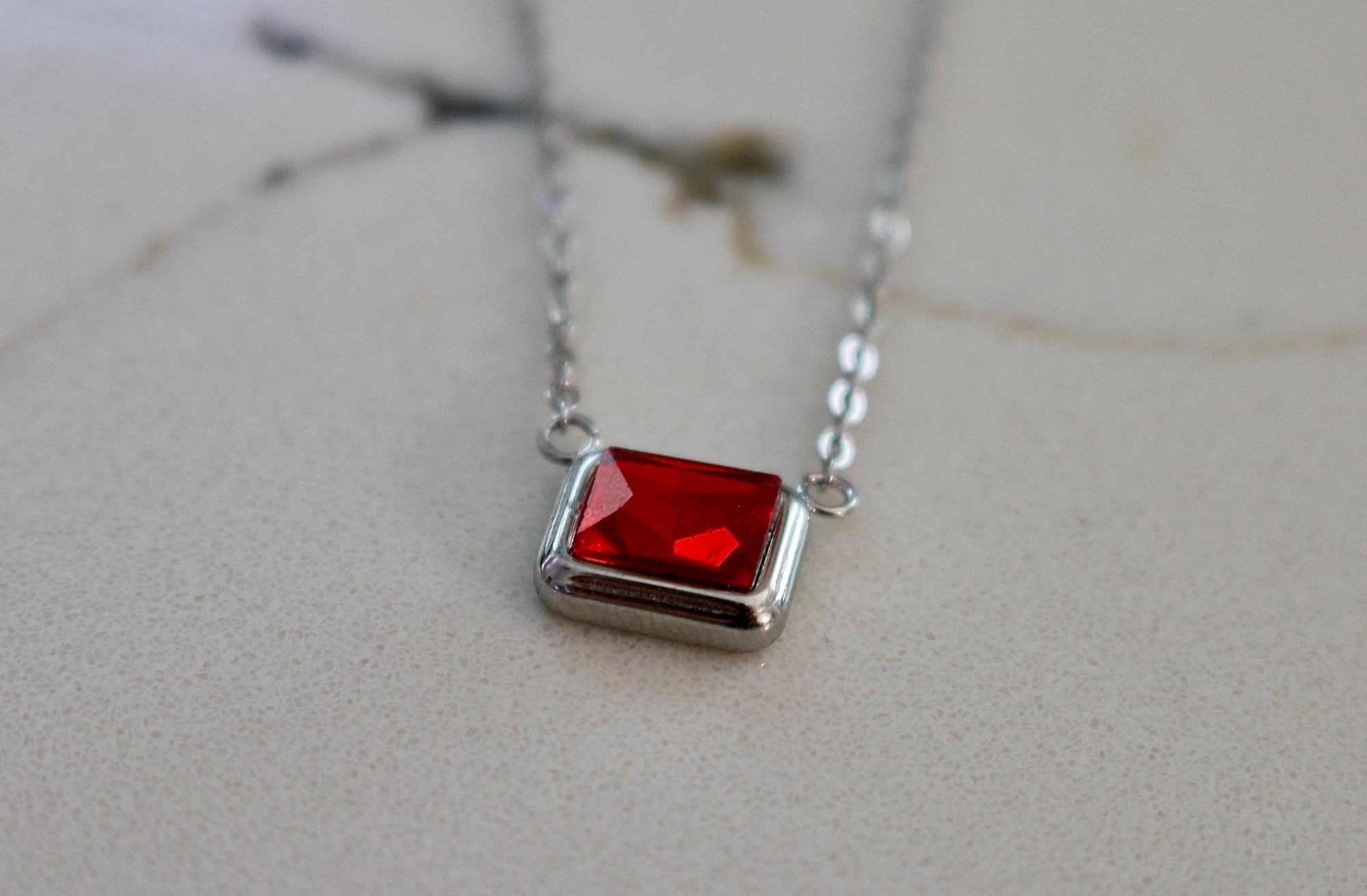 Silver Emerald Cut Birthstone Necklace | Stainless Steel Birth Stone | Personalized Birth Month Gift for Her | | Everyday Birthstone Jewelry