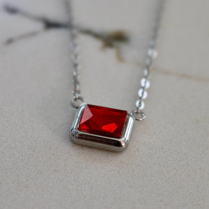 Silver Emerald Cut Birthstone Necklace | Stainless Steel Birth Stone | Personalized Birth Month Gift for Her | | Everyday Birthstone Jewelry