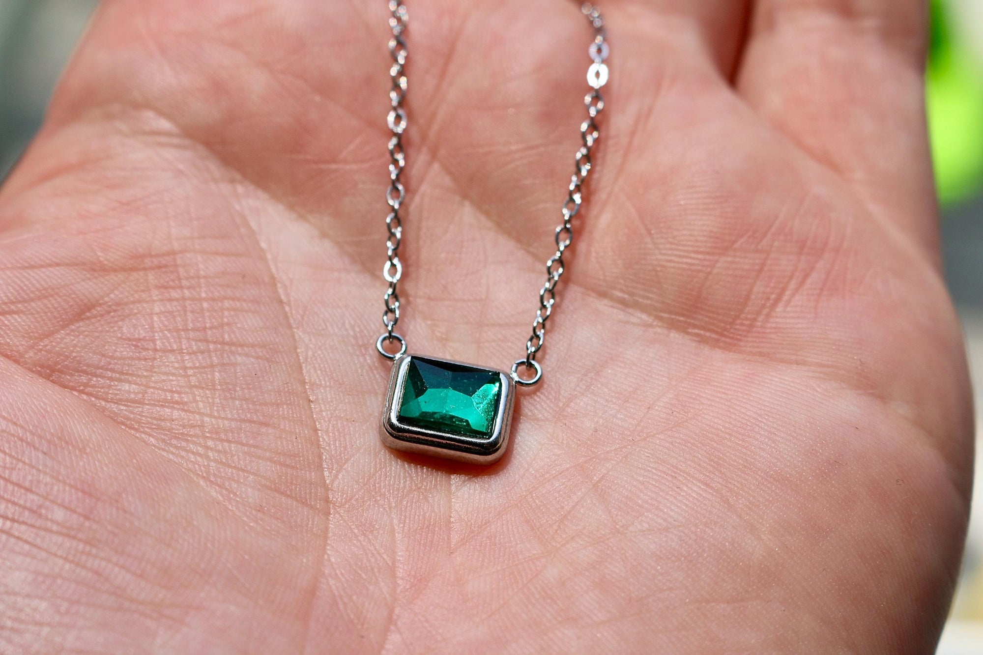 Silver Emerald Cut Birthstone Necklace | Stainless Steel Birth Stone | Personalized Birth Month Gift for Her | | Everyday Birthstone Jewelry