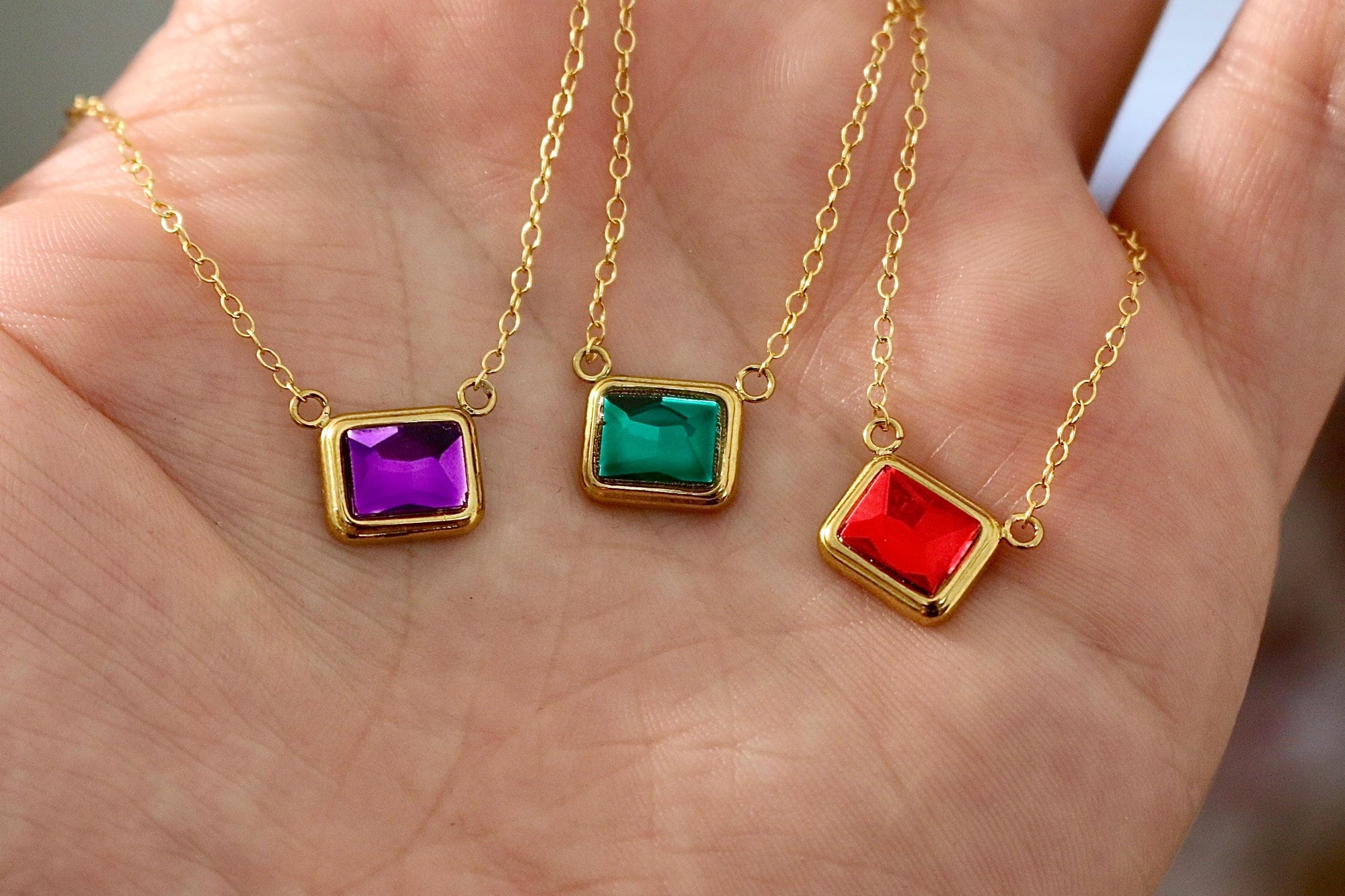 Gold Emerald Cut Birthstone Necklace | Gold Birthstone Necklace | Personalized Birth Month Gift for Her | Dainty Crystal | Everyday Jewelry