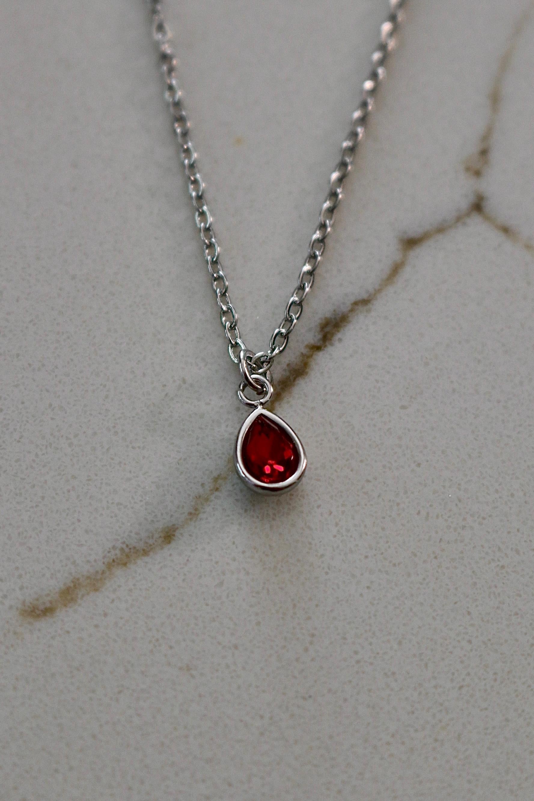 Silver Pear Shaped Birthstone Necklace | Dainty Silver Teardrop Pendant | Stainless Steel Custom Birth Month Gift for Her | Everyday Jewelry