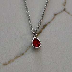 Silver Pear Shaped Birthstone Necklace | Dainty Silver Teardrop Pendant | Stainless Steel Custom Birth Month Gift for Her | Everyday Jewelry