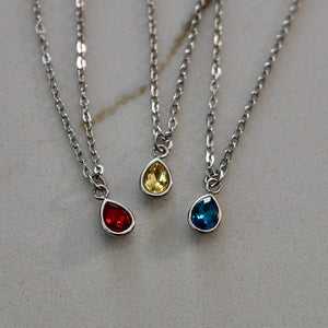 Silver Pear Shaped Birthstone Necklace | Dainty Silver Teardrop Pendant | Stainless Steel Custom Birth Month Gift for Her | Everyday Jewelry