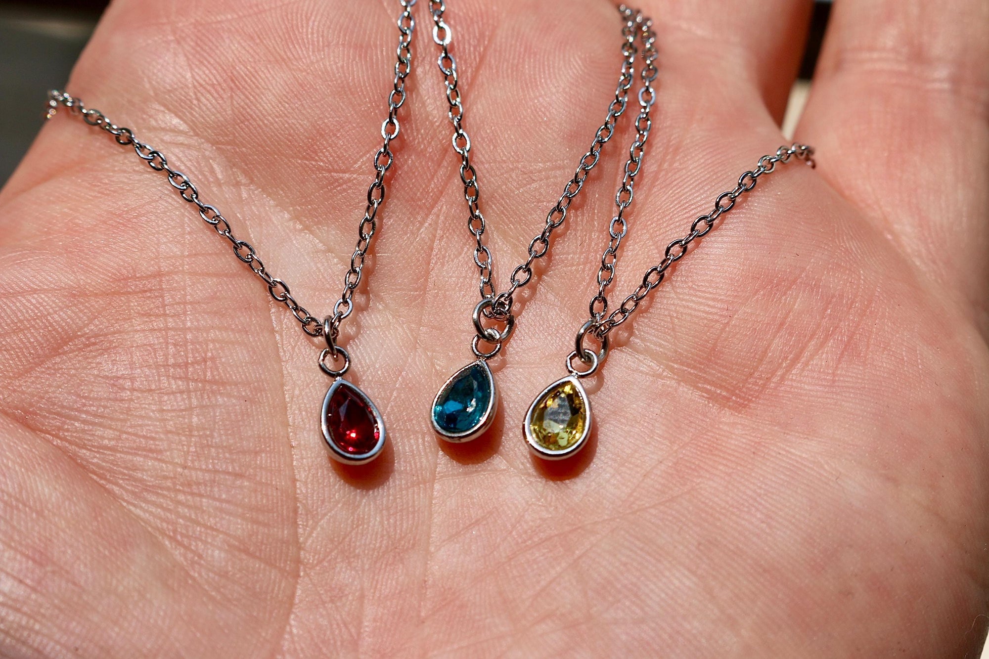 Silver Pear Shaped Birthstone Necklace | Dainty Silver Teardrop Pendant | Stainless Steel Custom Birth Month Gift for Her | Everyday Jewelry