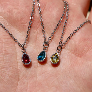 Silver Pear Shaped Birthstone Necklace | Dainty Silver Teardrop Pendant | Stainless Steel Custom Birth Month Gift for Her | Everyday Jewelry