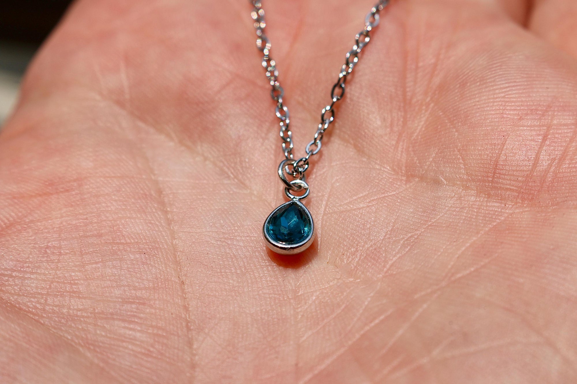 Silver Pear Shaped Birthstone Necklace | Dainty Silver Teardrop Pendant | Stainless Steel Custom Birth Month Gift for Her | Everyday Jewelry