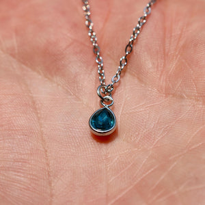 Silver Pear Shaped Birthstone Necklace | Dainty Silver Teardrop Pendant | Stainless Steel Custom Birth Month Gift for Her | Everyday Jewelry