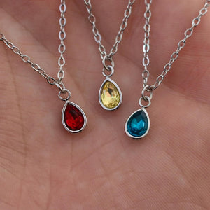 Silver Pear Shaped Birthstone Necklace | Dainty Silver Teardrop Pendant | Stainless Steel Custom Birth Month Gift for Her | Everyday Jewelry