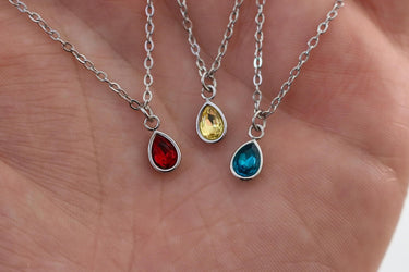 Silver Pear Shaped Birthstone Necklace | Dainty Silver Teardrop Pendant | Stainless Steel Custom Birth Month Gift for Her | Everyday Jewelry