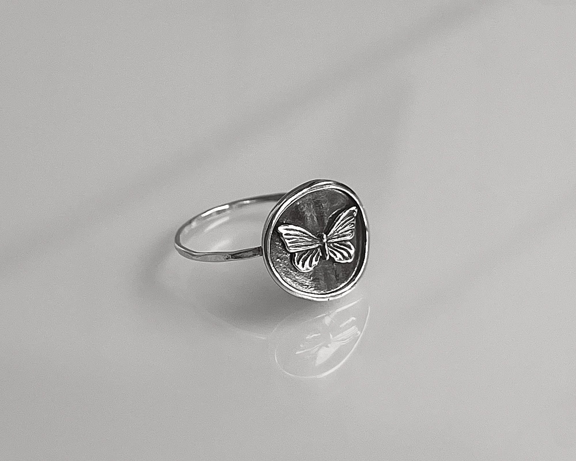 Butterfly Coin Ring | Dainty Nature Stacking Ring | Minimalist Insect Jewelry for Cottagecore Lovers | Whimsical Gift | Butterfly Lover Ring