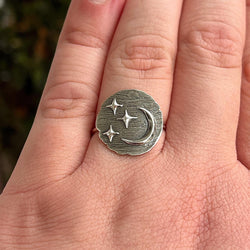 Moon and Stars Statement Ring | Bold Celestial Cosmic Jewelry | Large Lunar Ring for Witchy & Mystic Lovers | Unique Night Sky Gift