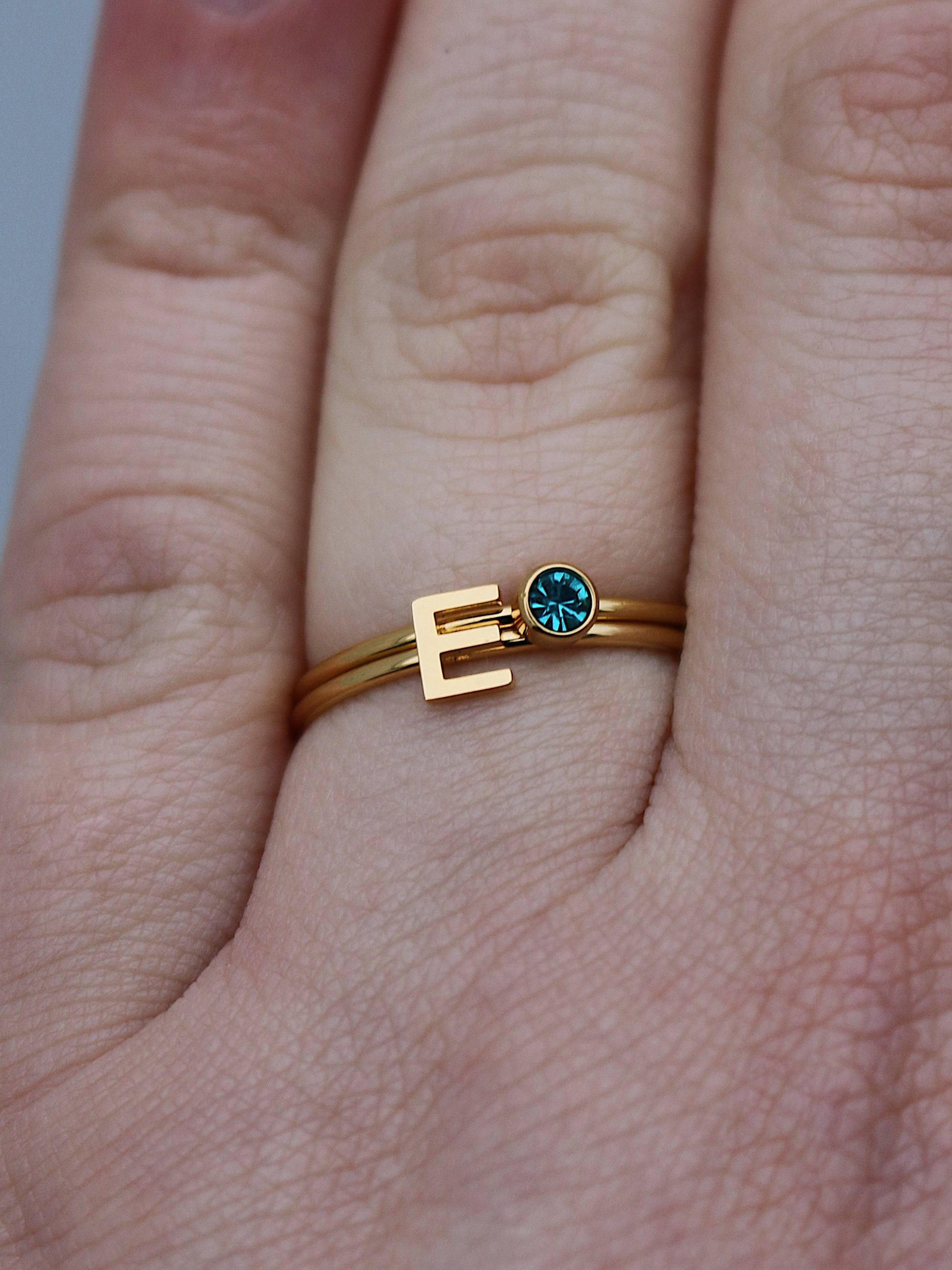 Gold Birthstone and Initial Ring Set
