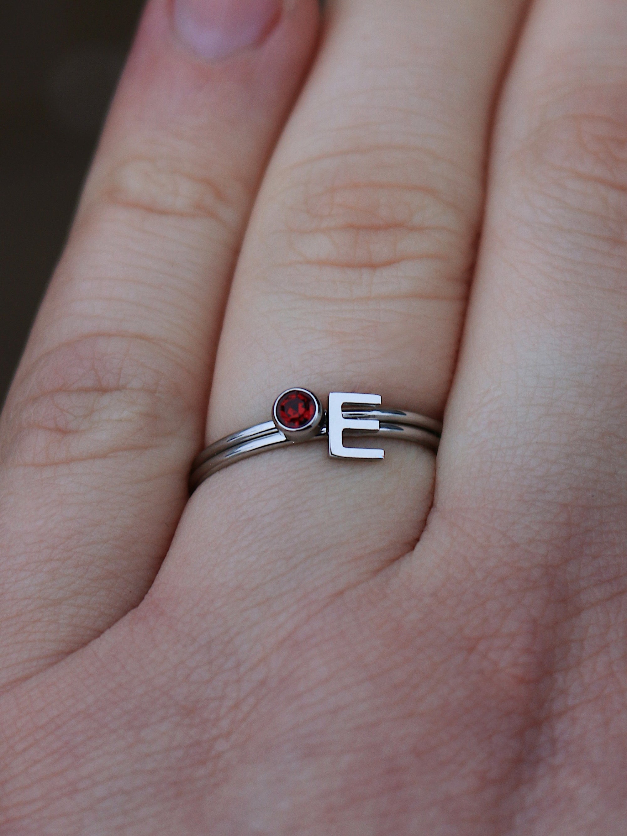 Silver Birthstone and Initial Ring Set