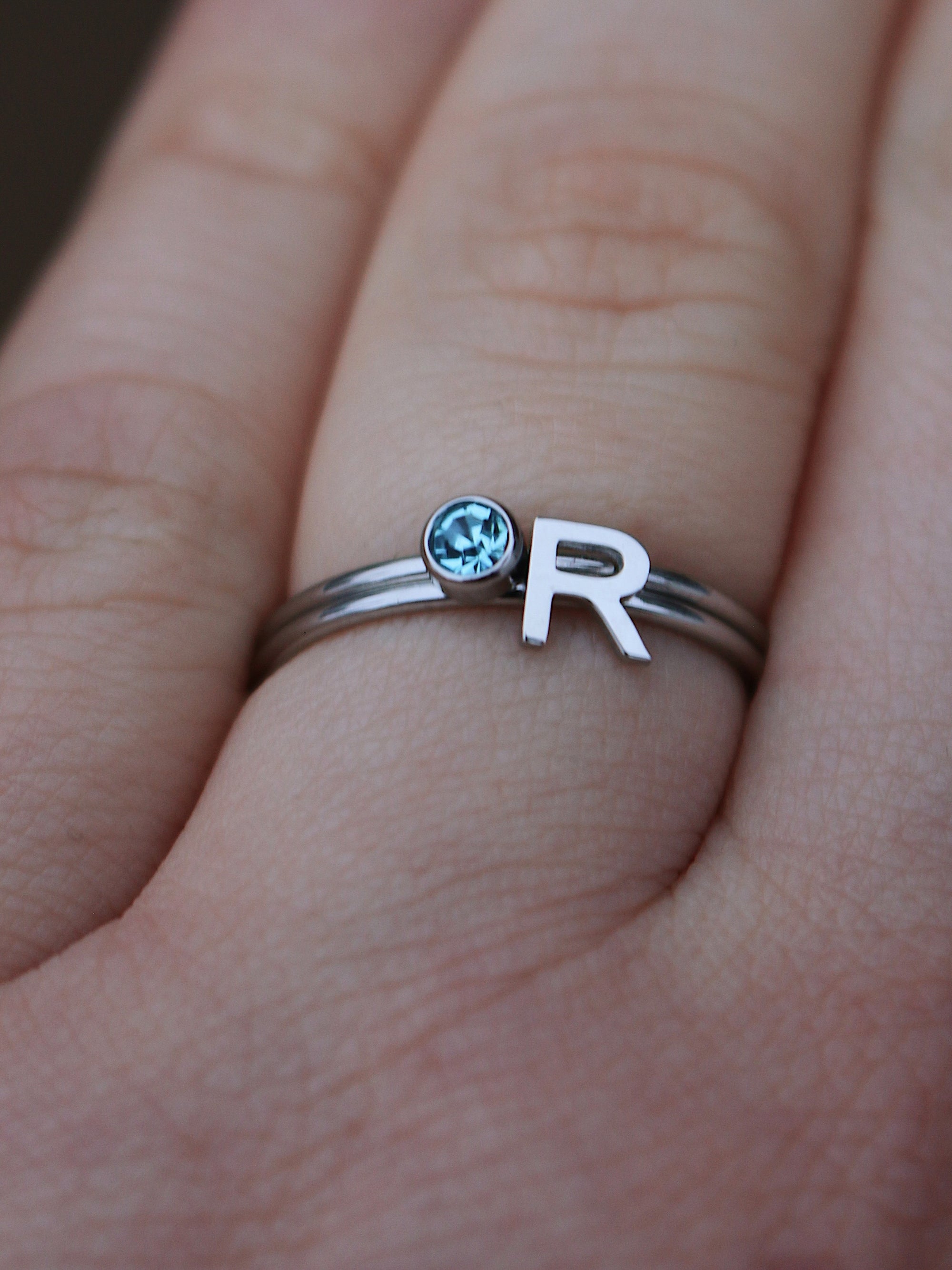 Silver Birthstone and Initial Ring Set