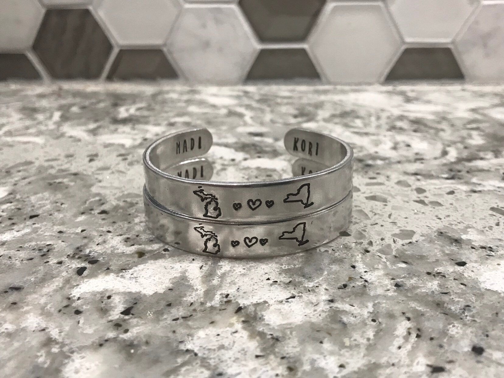 Long Distance Relationship State Stamped Aluminum Bangle | USA State To State | Couples Living Apart | Going Away | College Student Gift