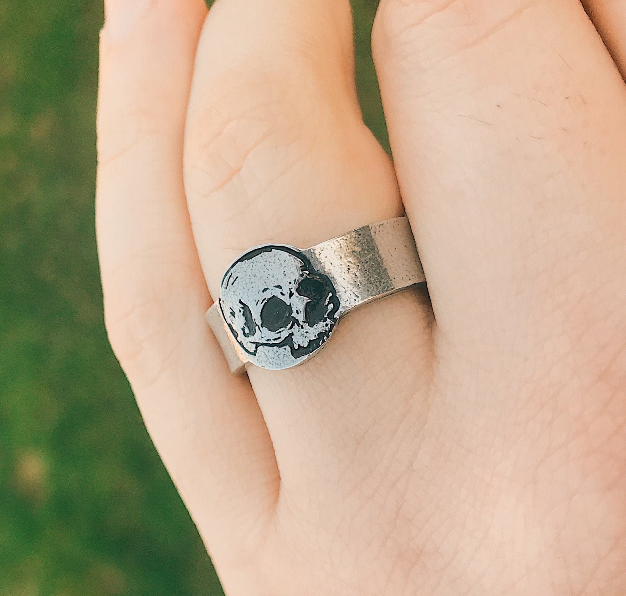 Rustic Skull Skeleton Signet Style Stacking Ring | Goth Ring | Best Friend BFF | Dainty Silver | Halloween Skeleton | Detailed Skull Jewelry