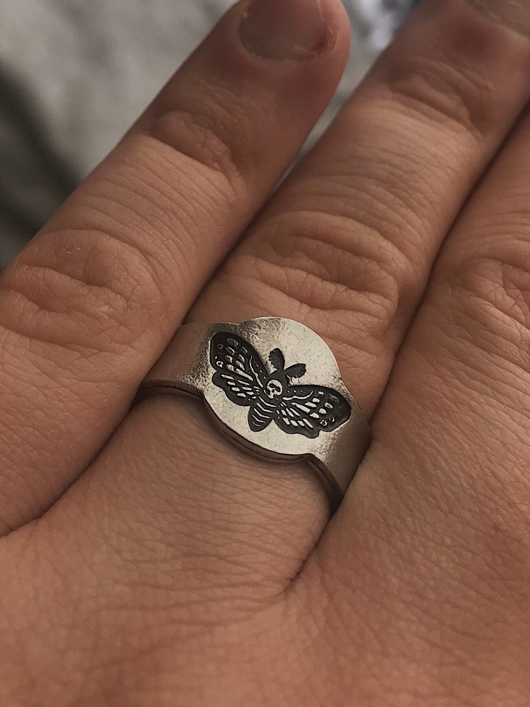 Death Head Moth Signet Style Adjustable Stacking Ring | Goth Ring | Best Friend BFF | Dainty Silver Witch Ring | Skeleton Luna Moth Jewelry