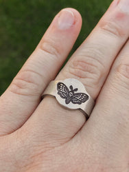 Death Head Moth Signet Style Adjustable Stacking Ring | Goth Ring | Best Friend BFF | Dainty Silver Witch Ring | Skeleton Luna Moth Jewelry