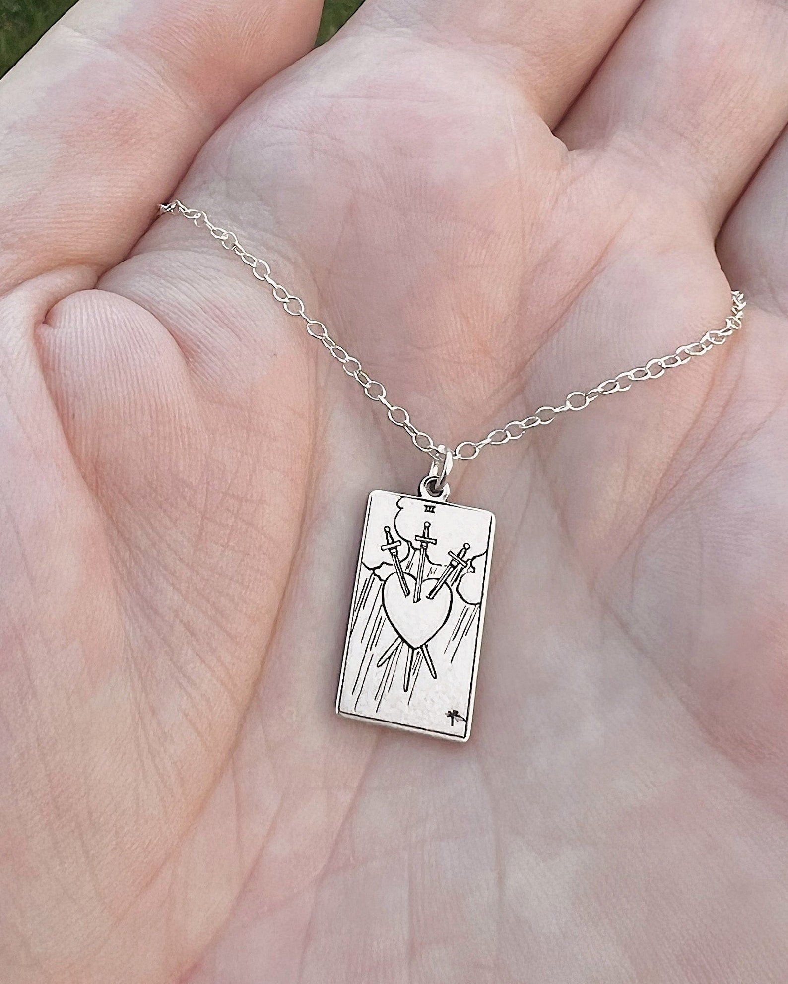Three of Swords Tarot Card Necklace - Sterling Silver