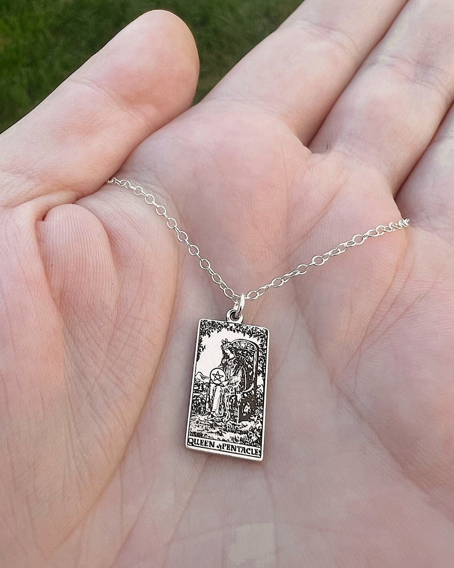 Queen of Pentacles Tarot Card Necklace - Sterling Silver