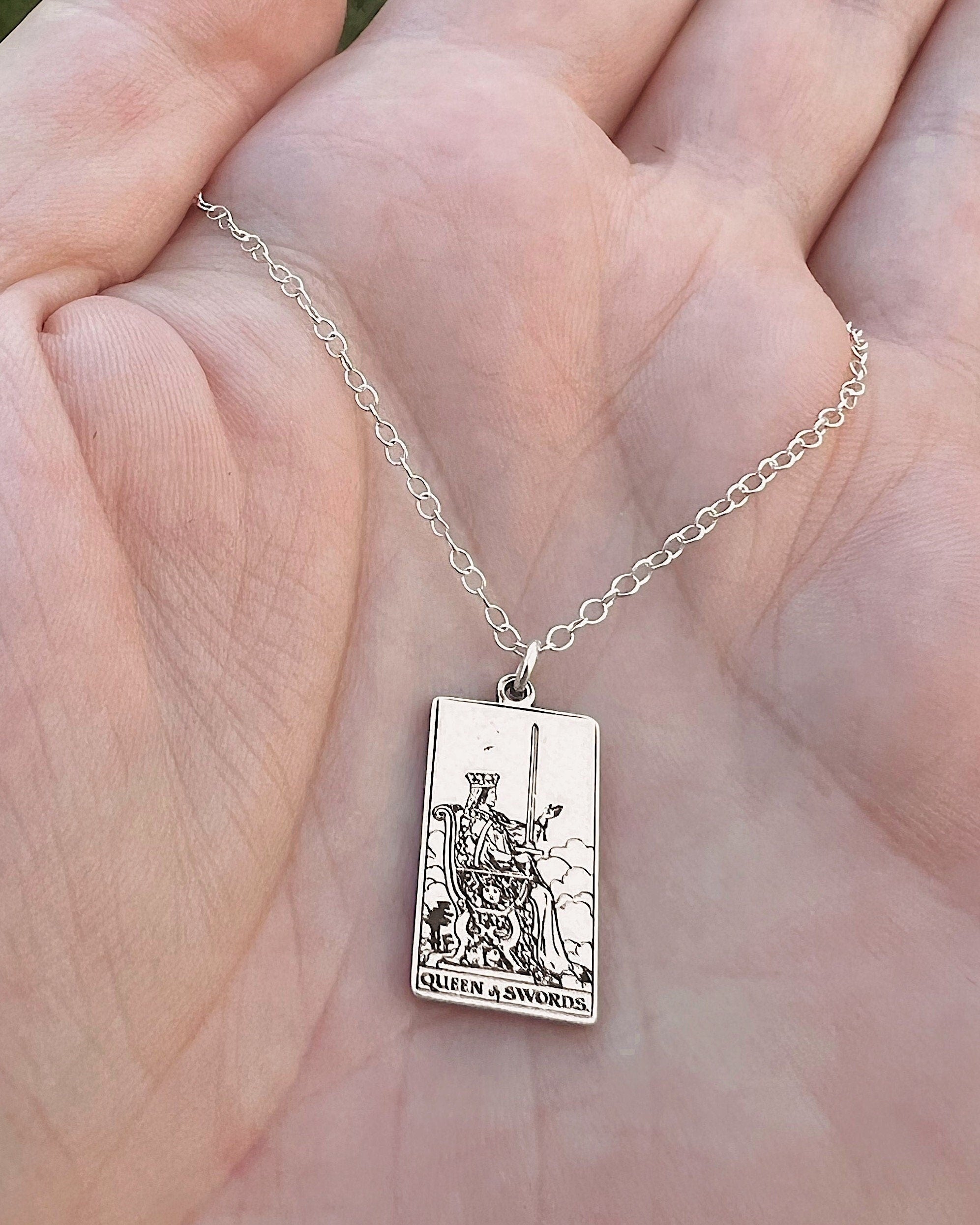 Queen of Swords Tarot Card Necklace - Sterling Silver