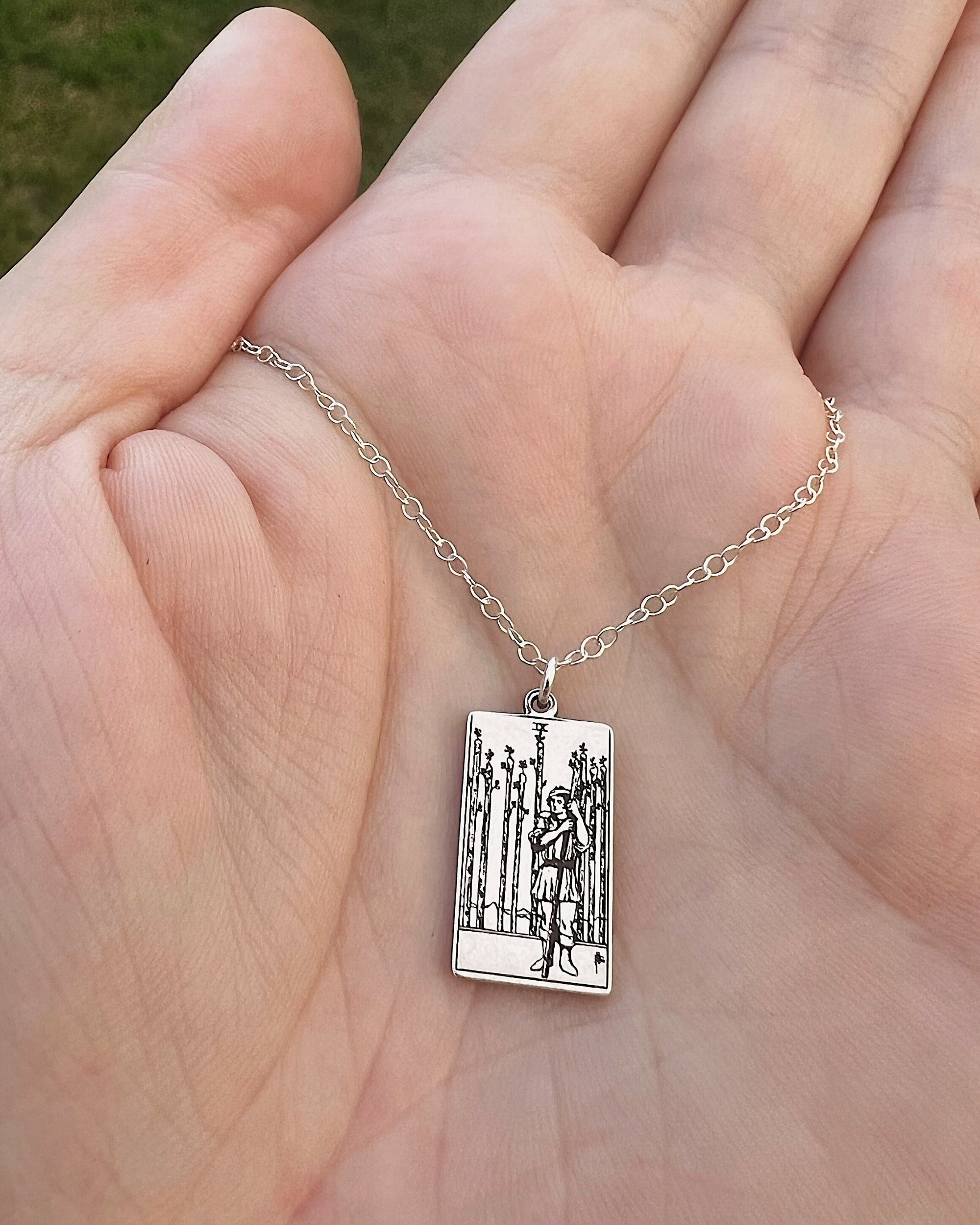 Nine of Wands Tarot Card Necklace - Sterling Silver