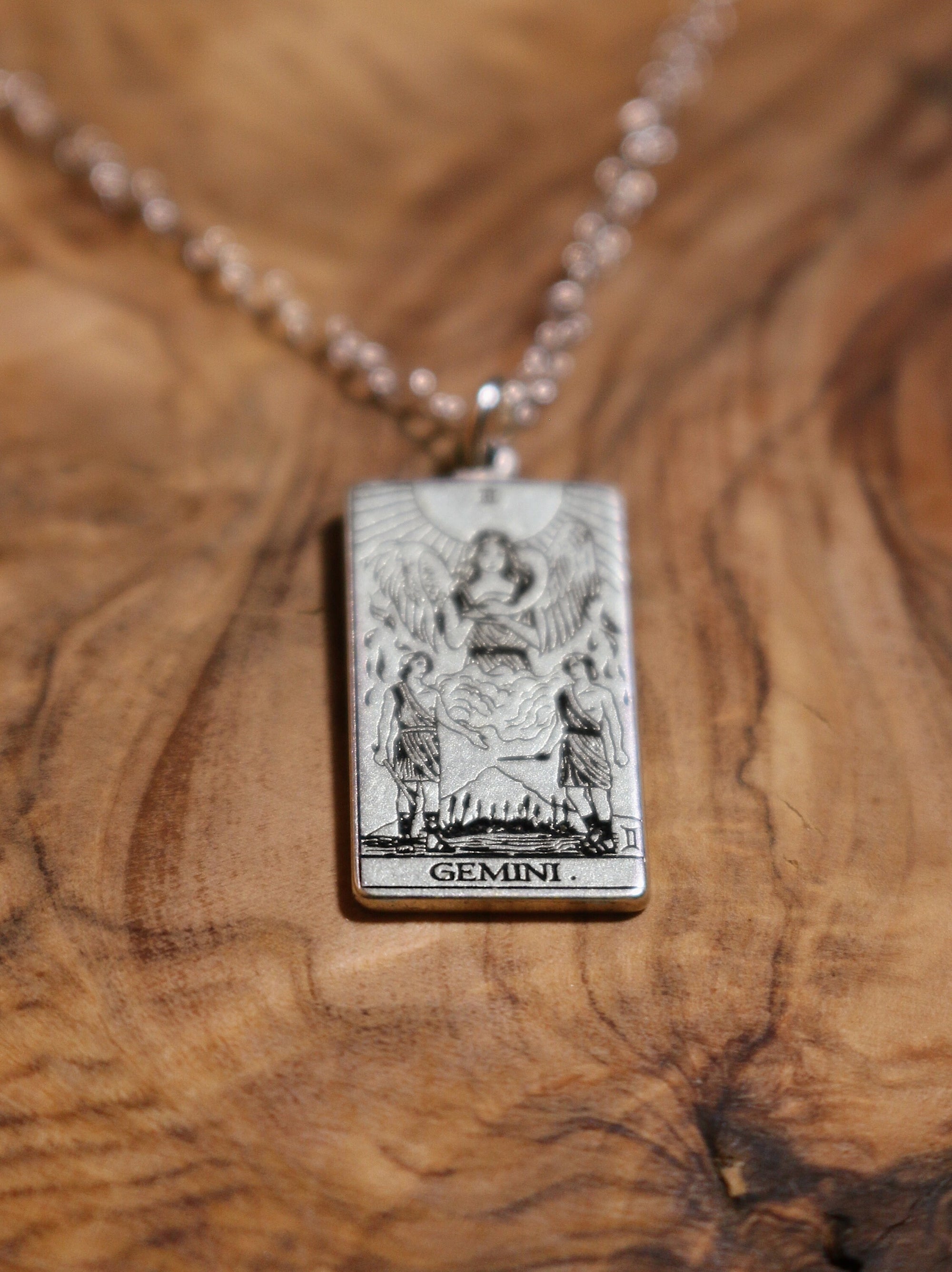 Gemini The Lovers Tarot Card Inspired Zodiac Necklace - Sterling Silver