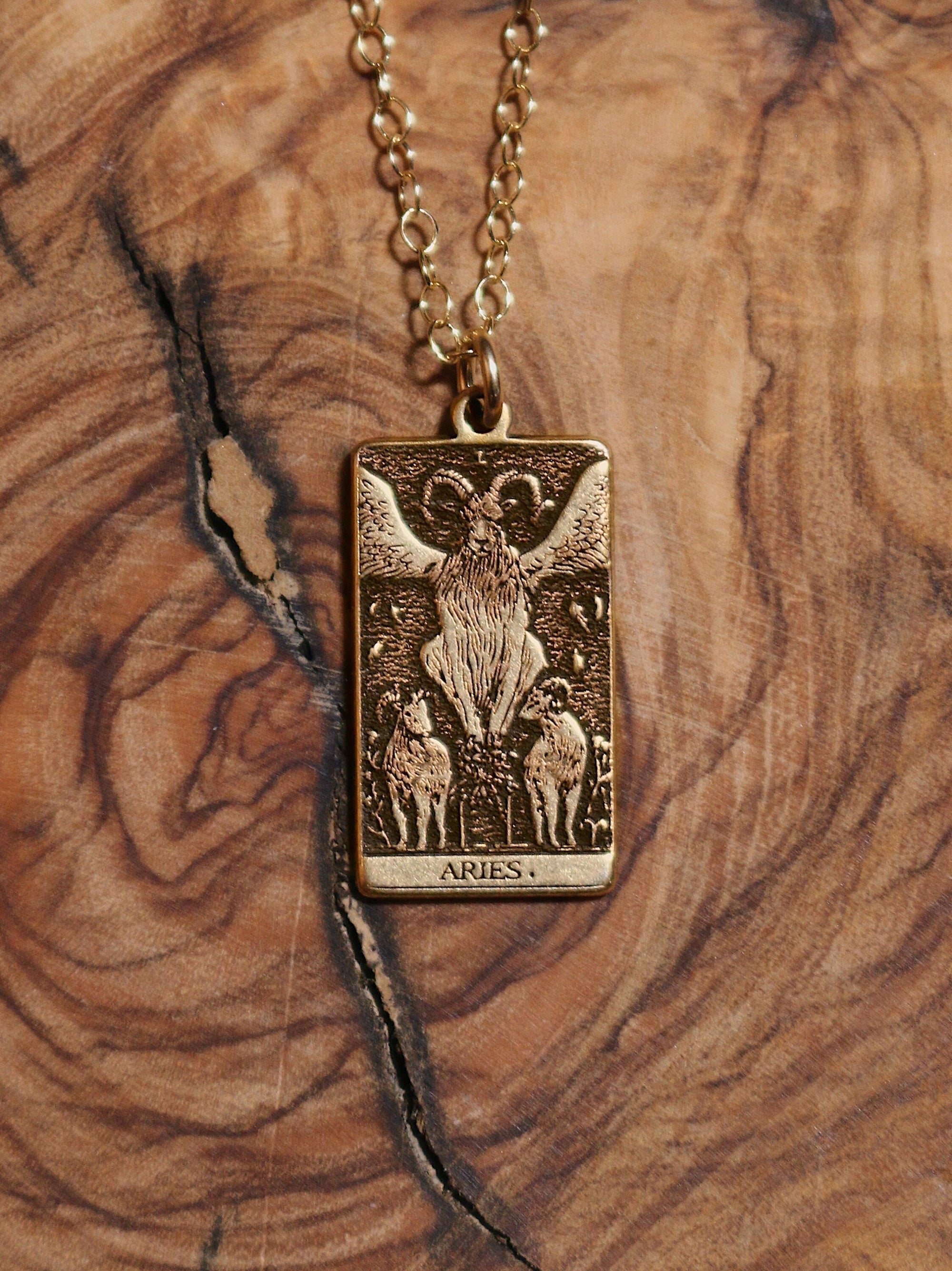 Aries The Devil Tarot Card Inspired Zodiac Necklace - Gold Filled