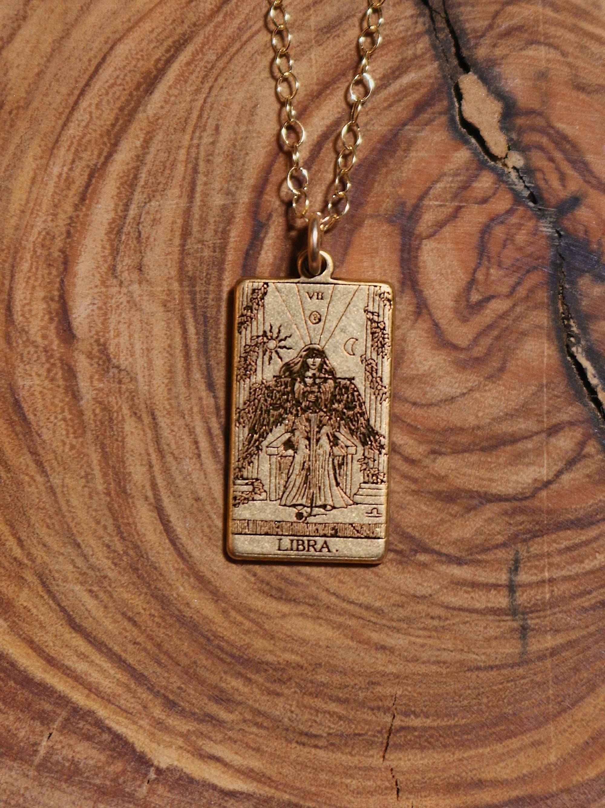 Libra Justice Tarot Card Inspired Zodiac Necklace - Gold Filled