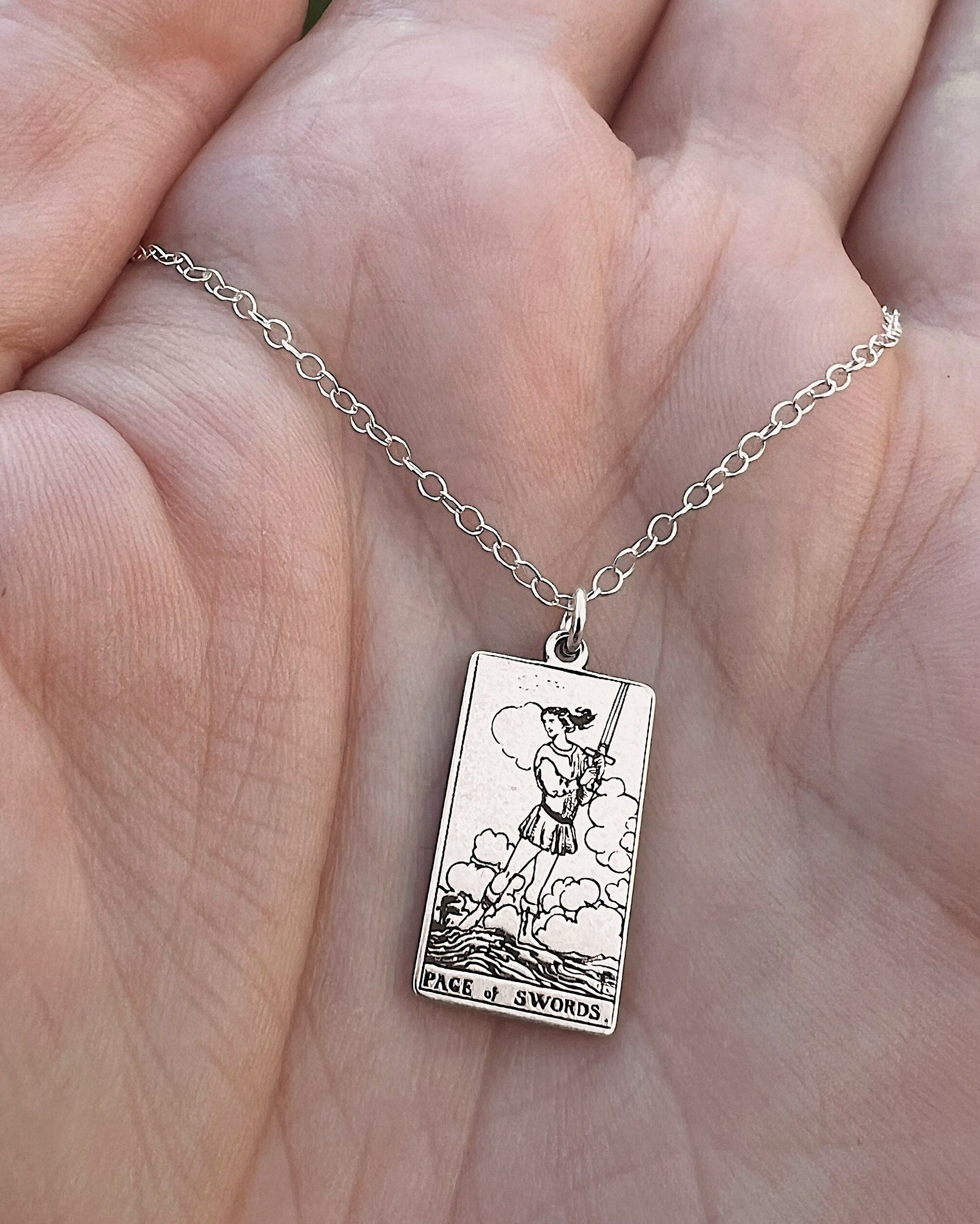 Page of Swords Tarot Card Necklace - Sterling Silver