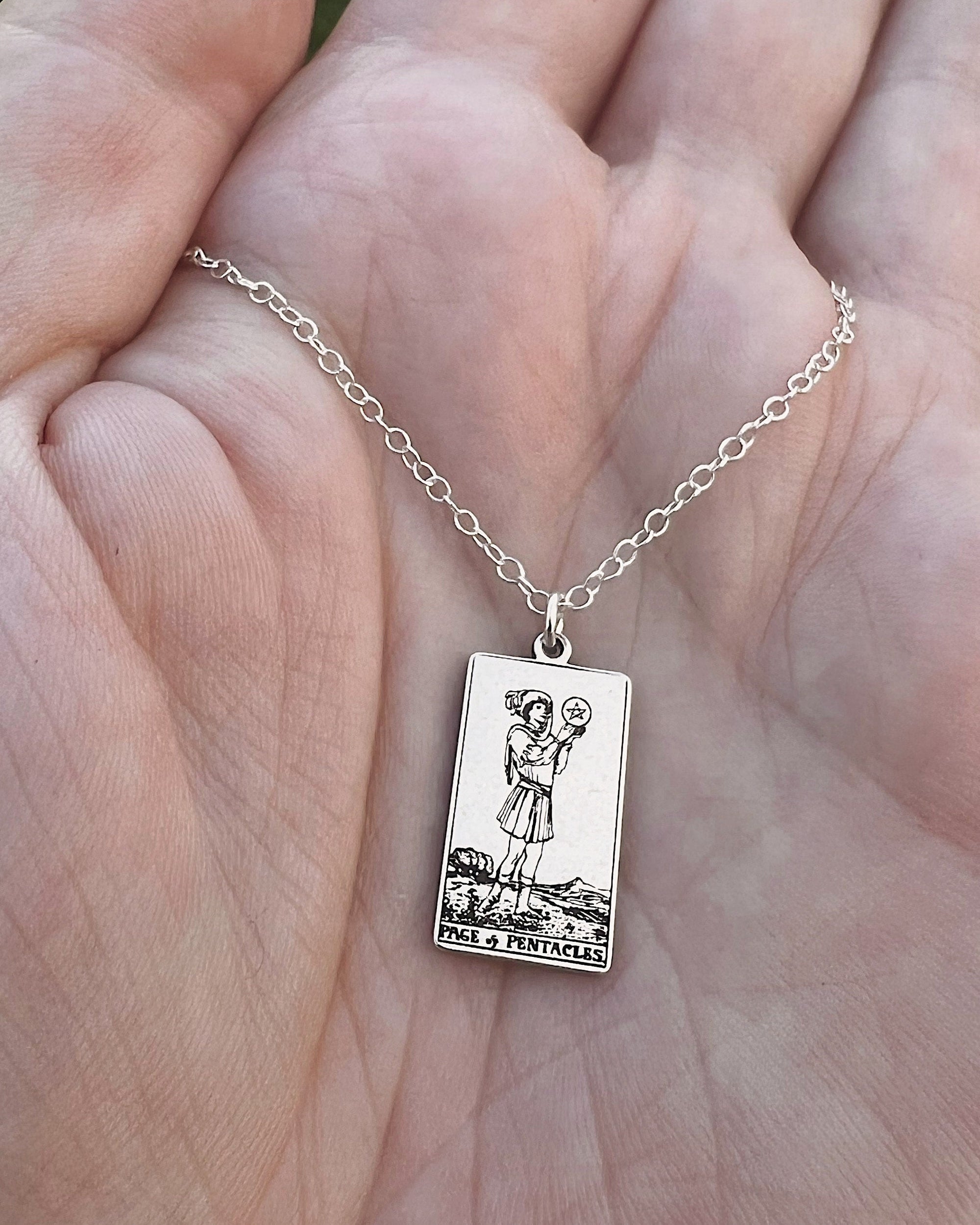 Page of Pentacles Tarot Card Necklace - Sterling Silver