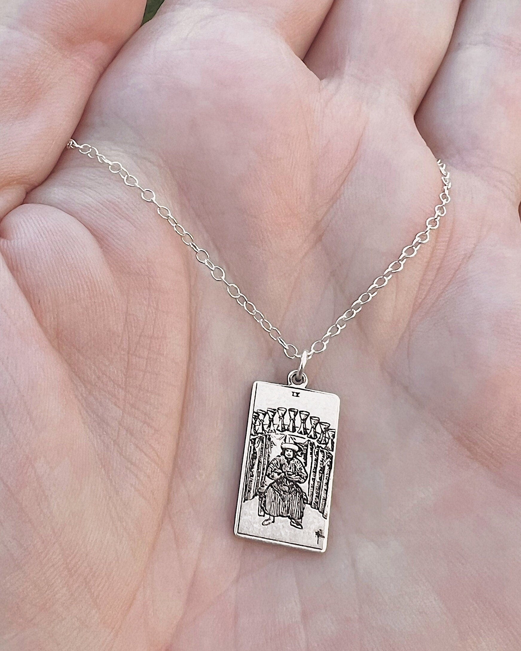 Nine of Cups Tarot Card Necklace - Sterling Silver