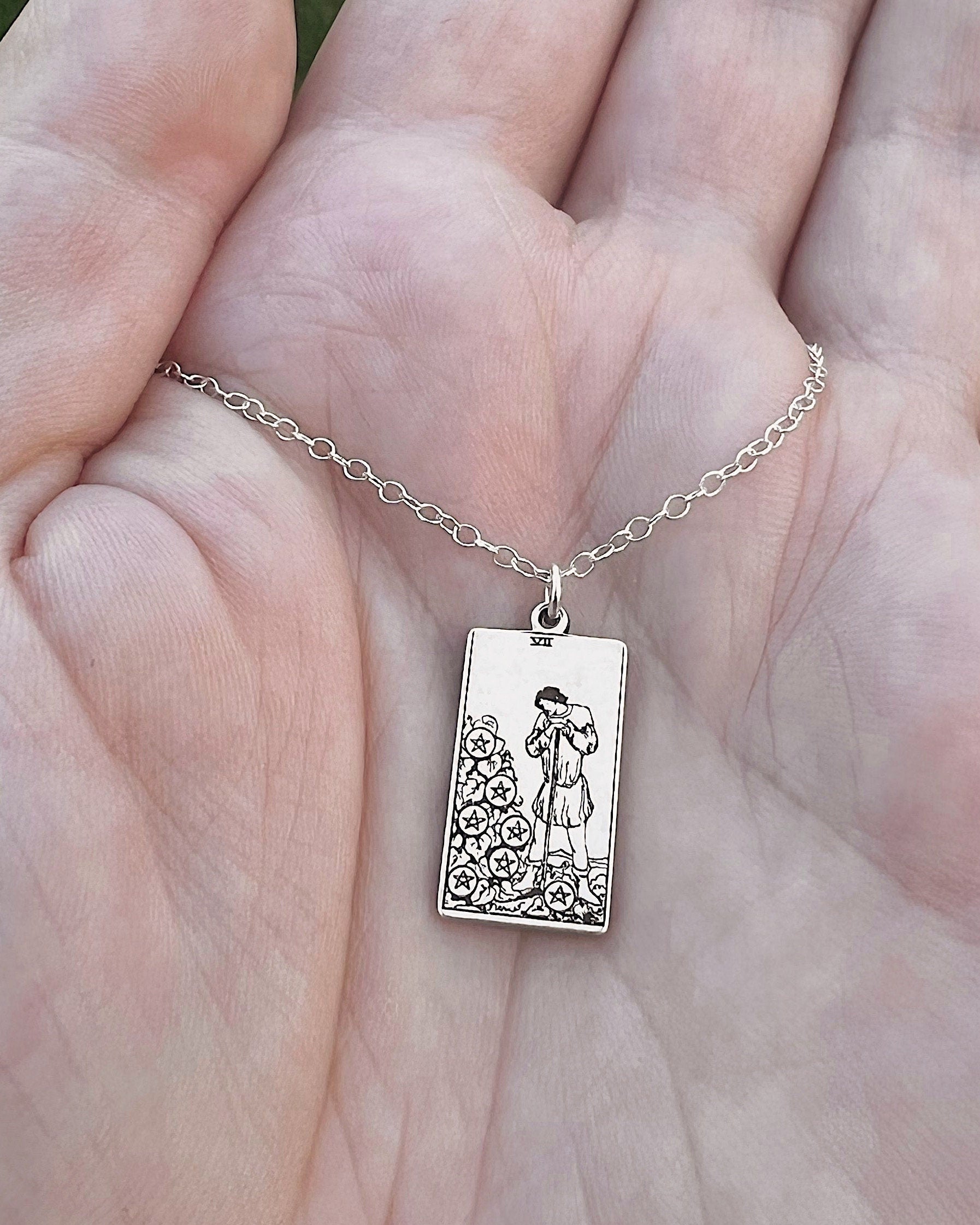 Seven of Pentacles Tarot Card Necklace - Sterling Silver