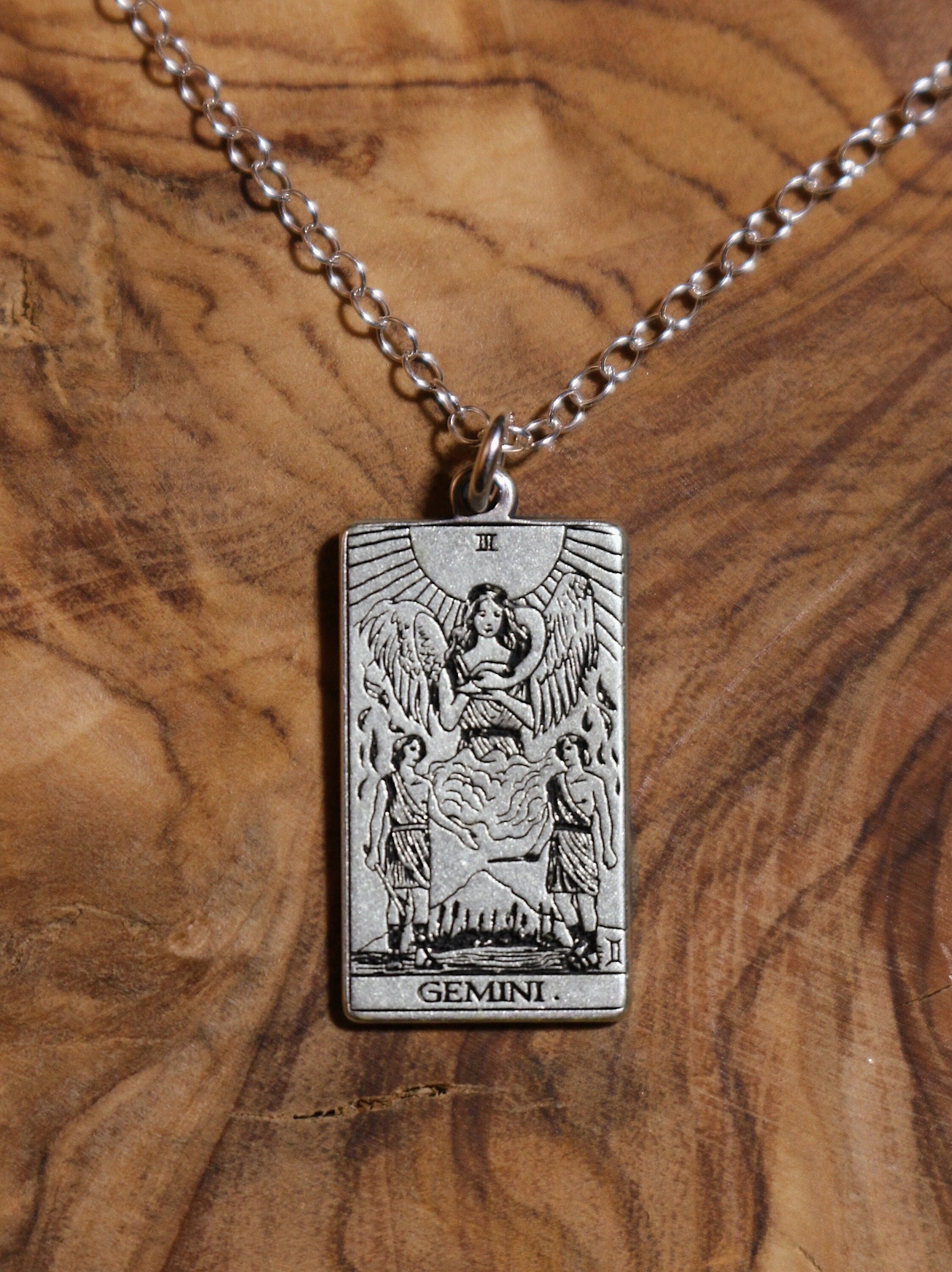 Gemini The Lovers Tarot Card Inspired Zodiac Necklace - Sterling Silver