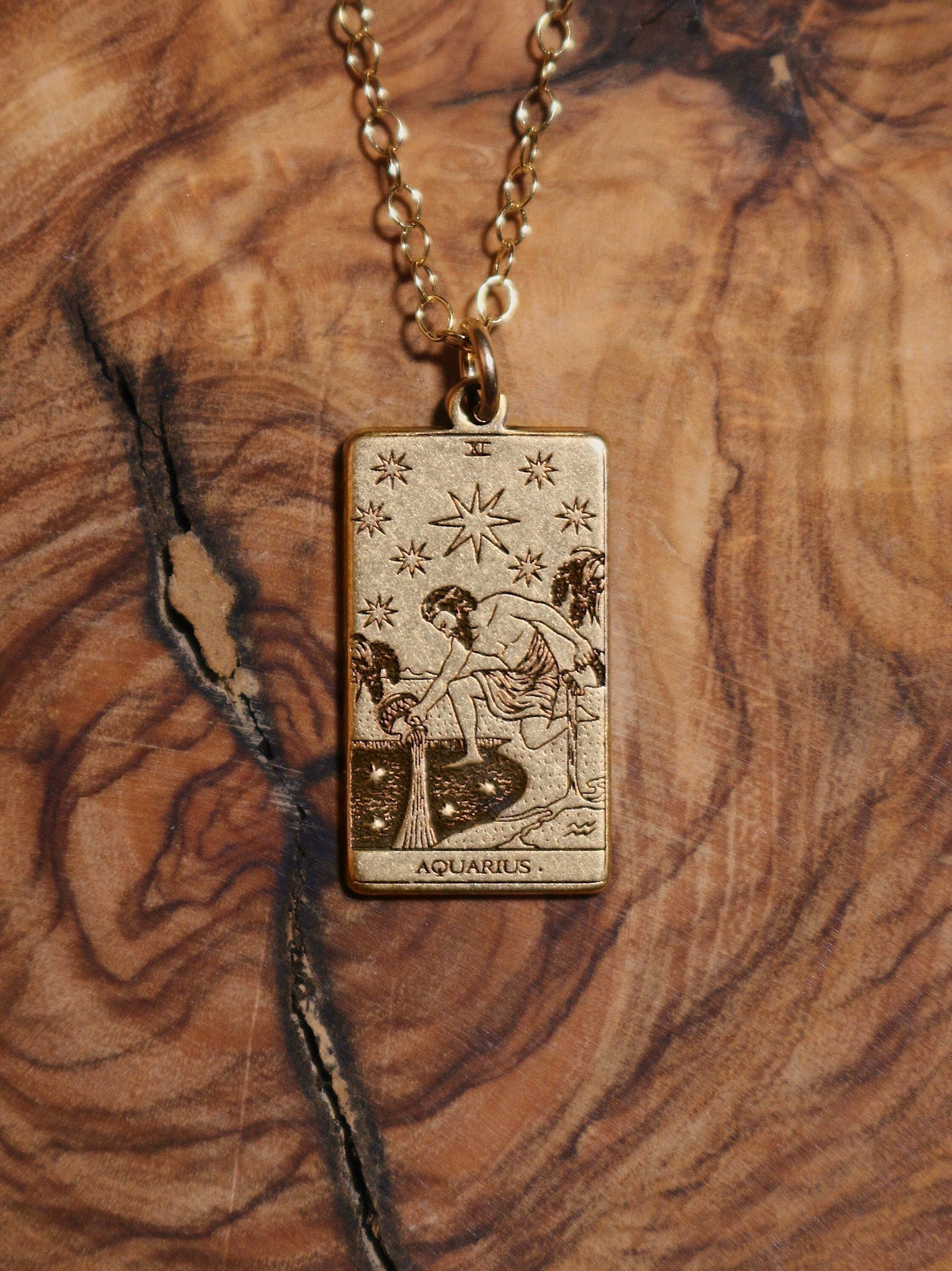 Aquarius The Star Tarot Card Inspired Zodiac Necklace - Gold Filled