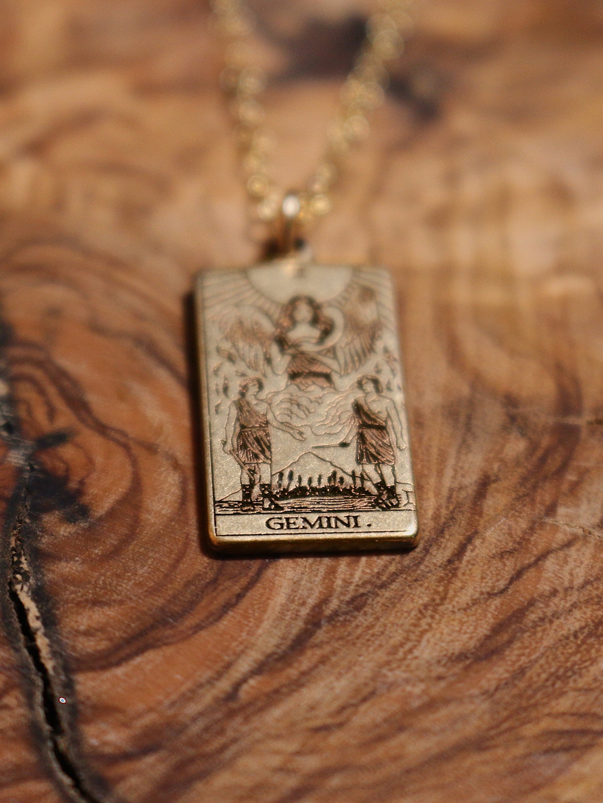 Gemini The Lovers Tarot Card Inspired Zodiac Necklace - Gold Filled