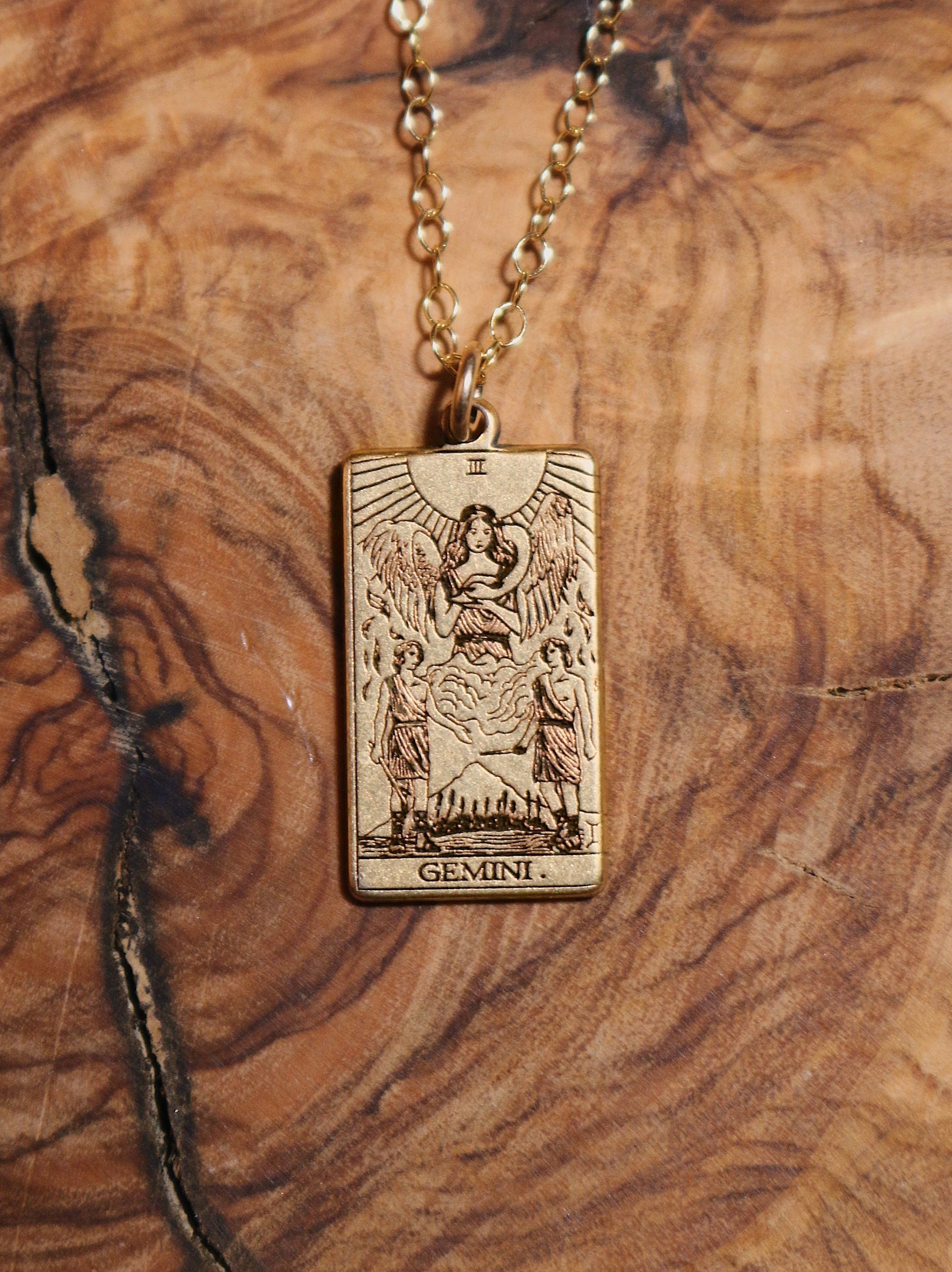 Gemini The Lovers Tarot Card Inspired Zodiac Necklace - Gold Filled