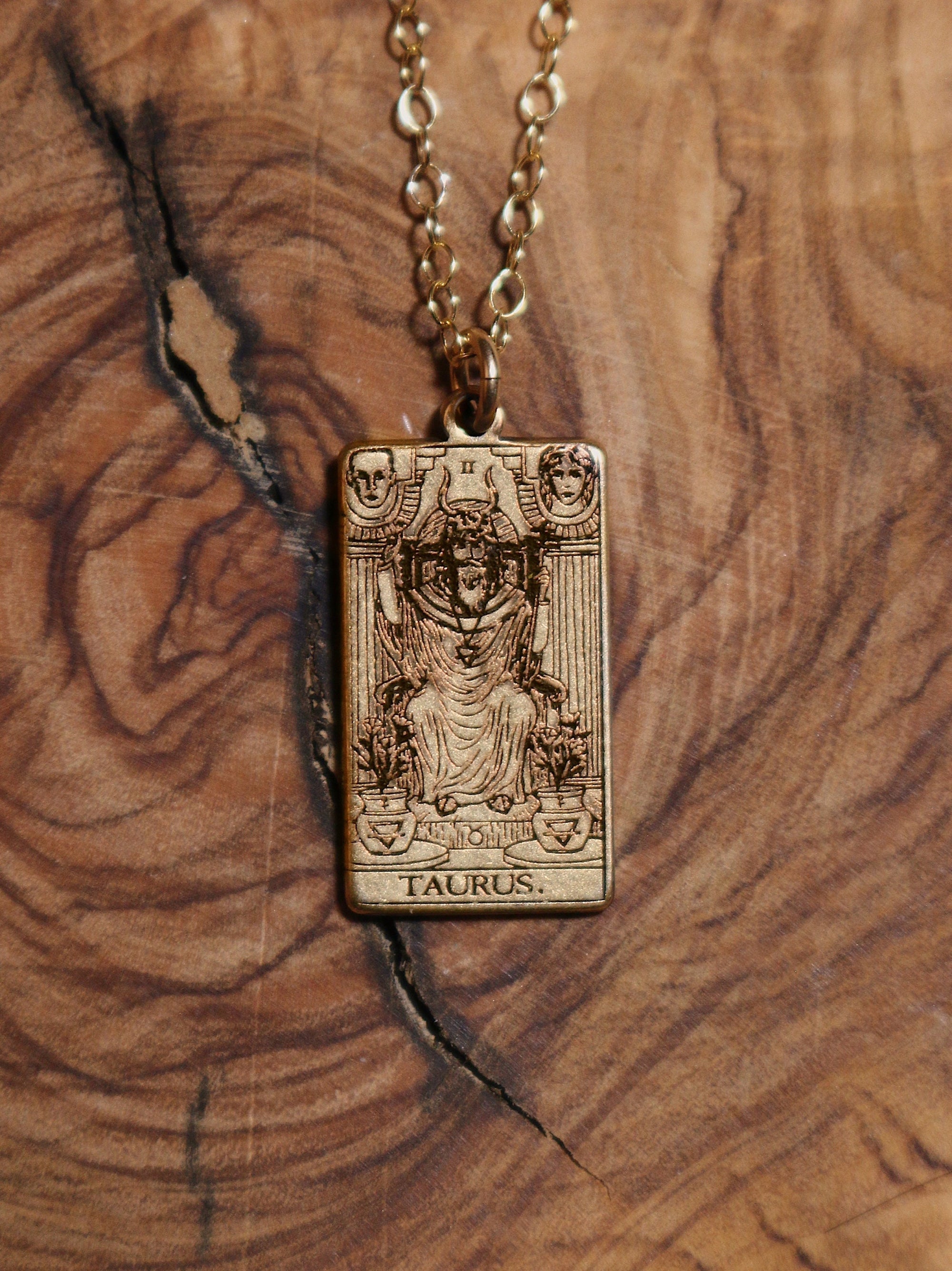Taurus The Hierophant Tarot Card Inspired Zodiac Necklace - Gold Filled