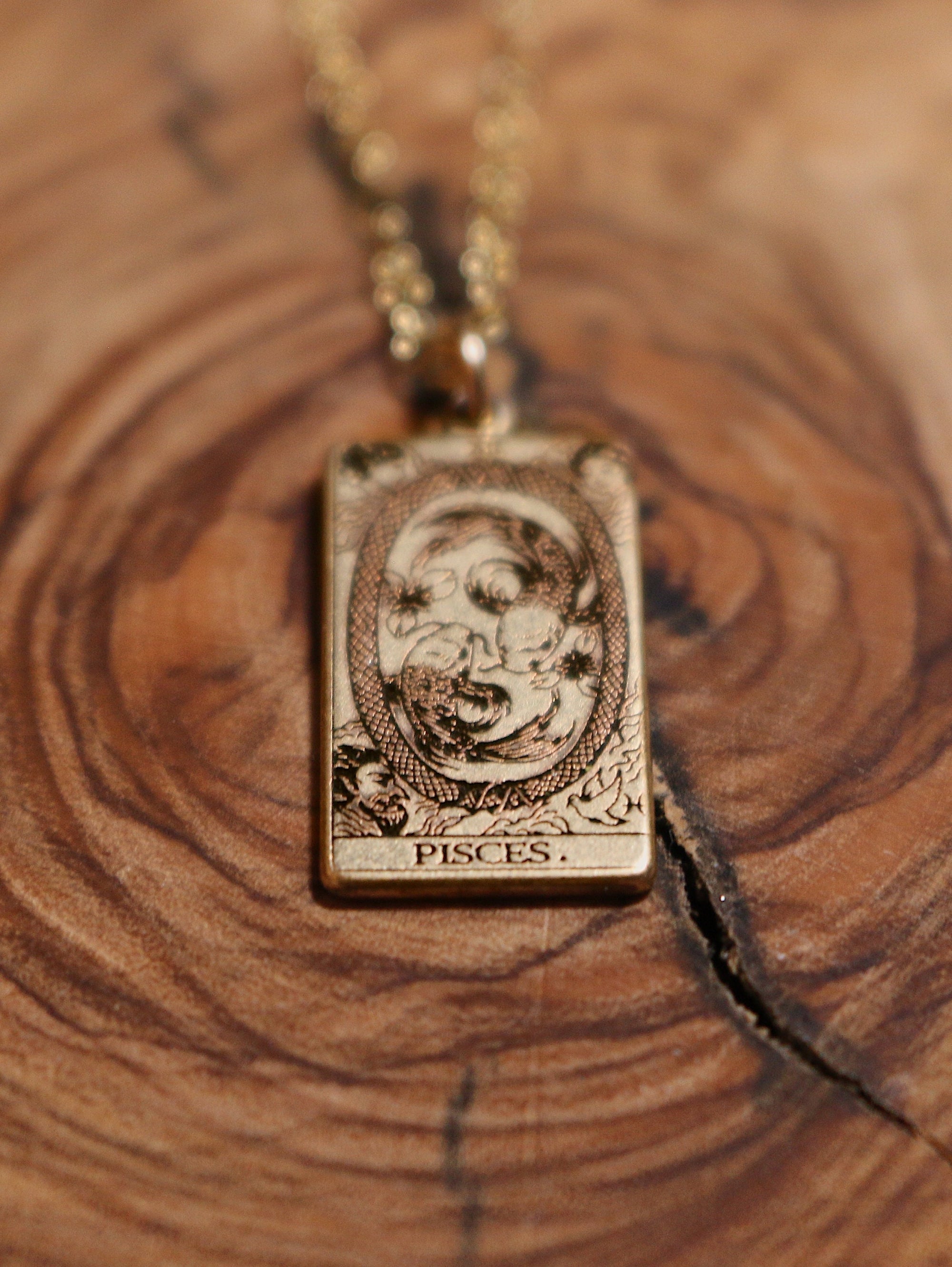 Pisces The World Tarot Card Inspired Zodiac Necklace - Gold Filled