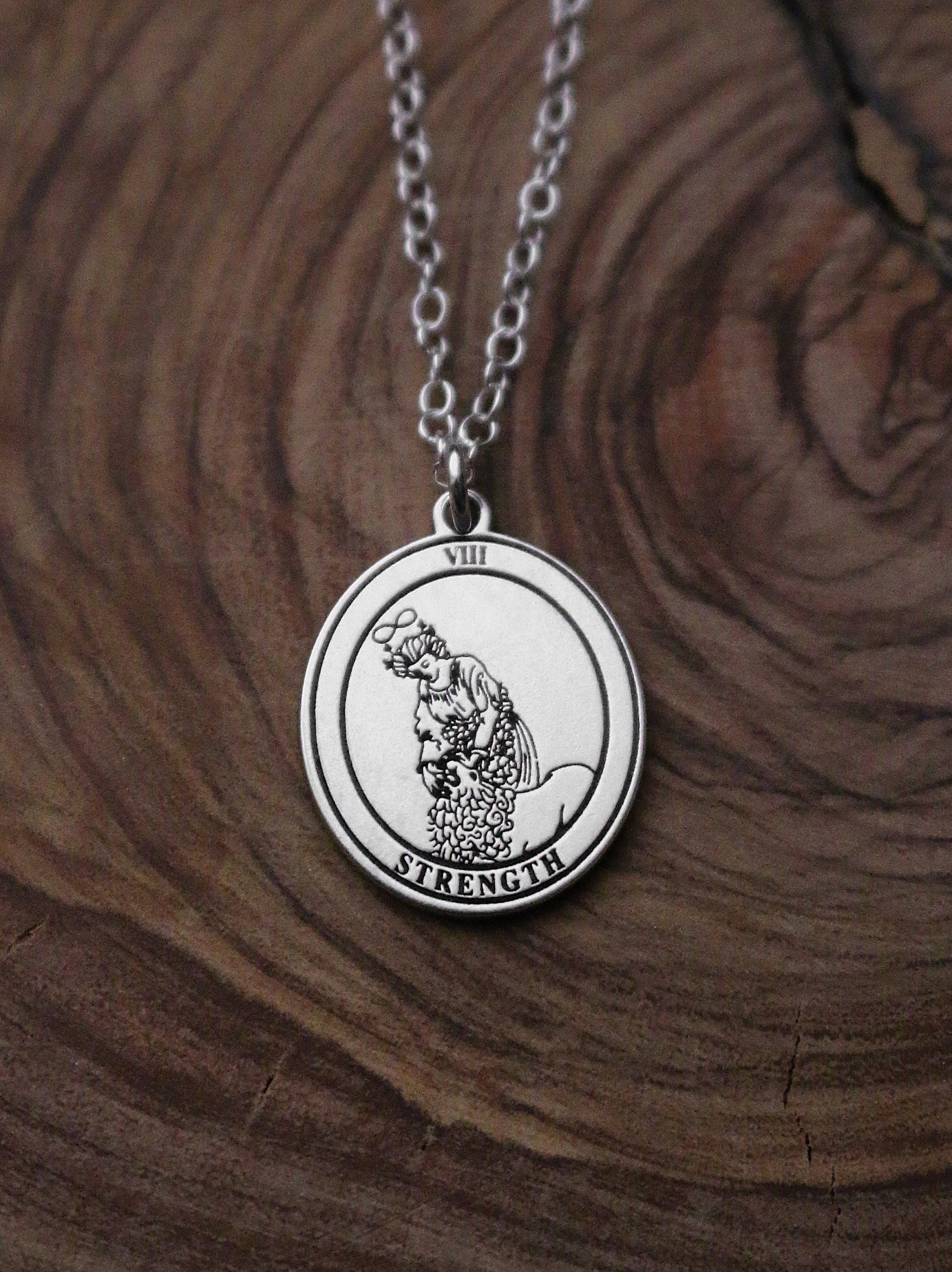 Round Strength Tarot Card Necklace | Best Friend Birthday Gift | Tarot Card Necklace | Celestial Mystical Amulet | Dainty Witch Necklace