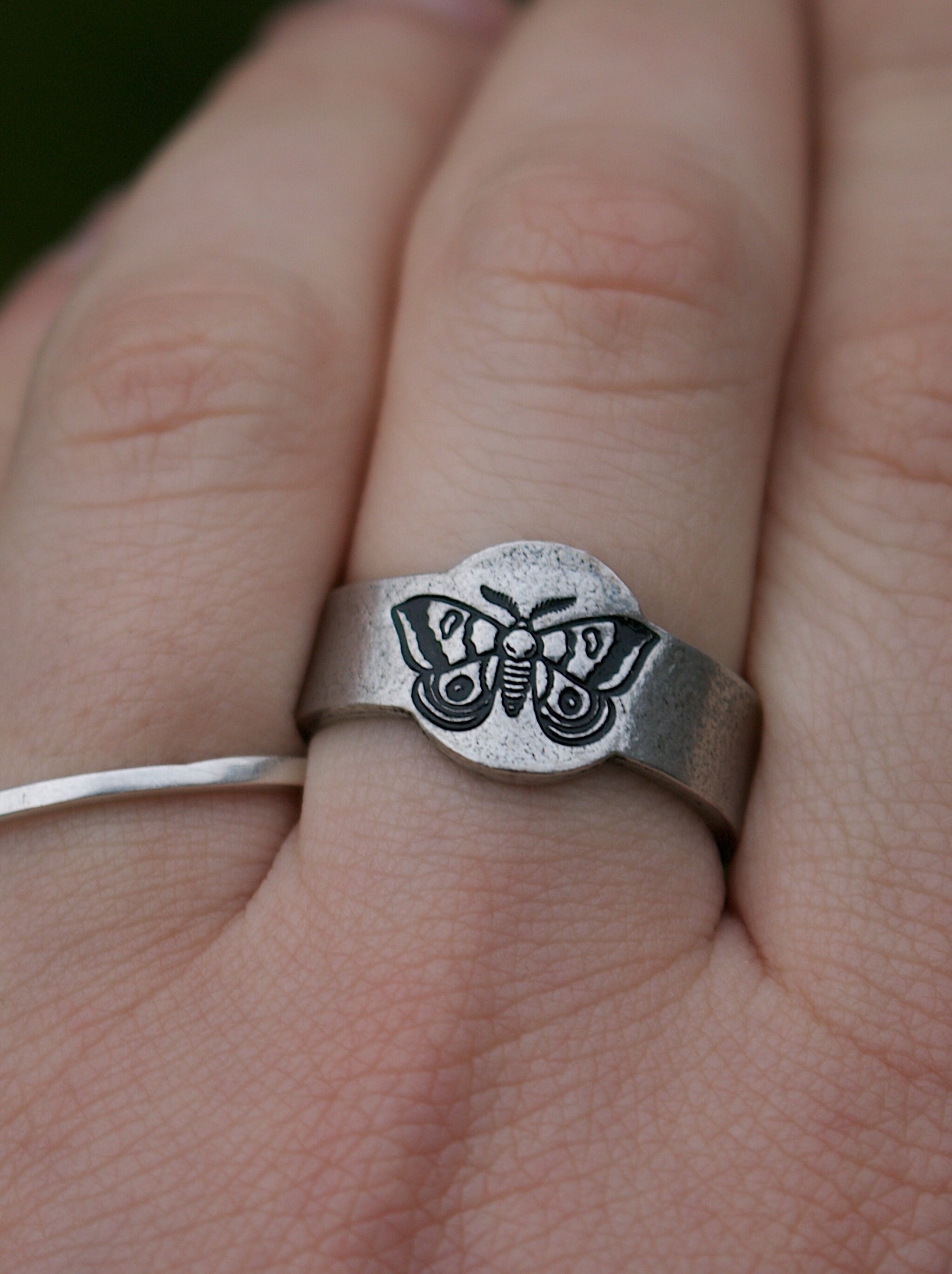 Moth Signet Style Adjustable Stacking Ring | Goth Ring | Best Friend BFF | Dainty Silver Witch Ring | Halloween Skeleton | Luna Moth Jewelry