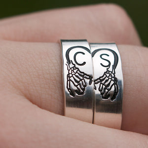 Skeleton Pinky Promise Couple Initial Ring Set