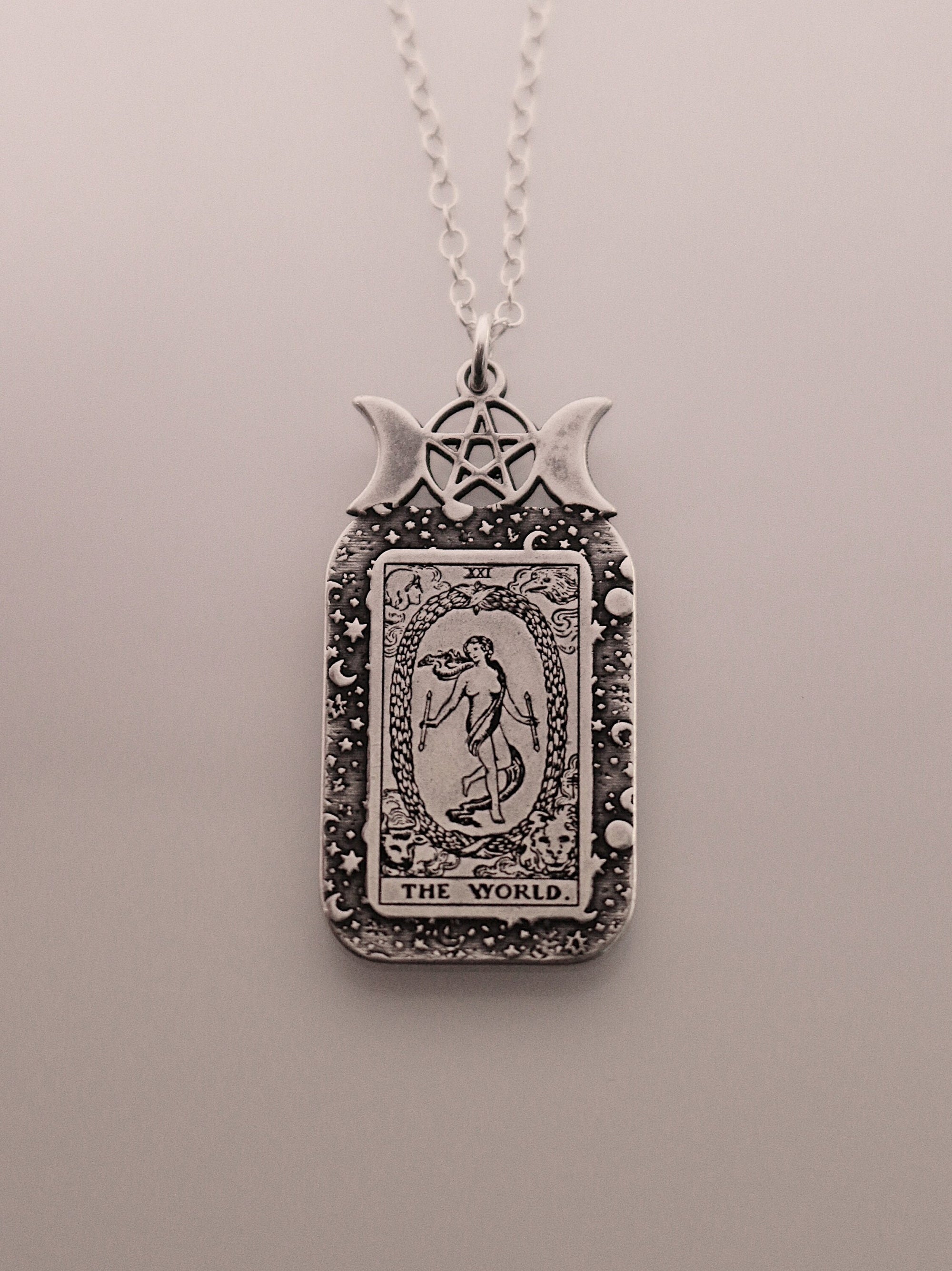 The World Tarot Card Necklace | Best Friend Birthday Gift | Tarot Card Necklace | Celestial Triple Moon Goddess Jewelry | Witch Necklace