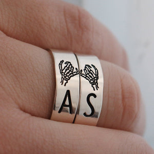 Matching 2 Ring Custom Initials & Font Double Skeleton Pinky Swear Stacking Ring Set | Dainty Silver Ring | Best Friend Birthday Gift