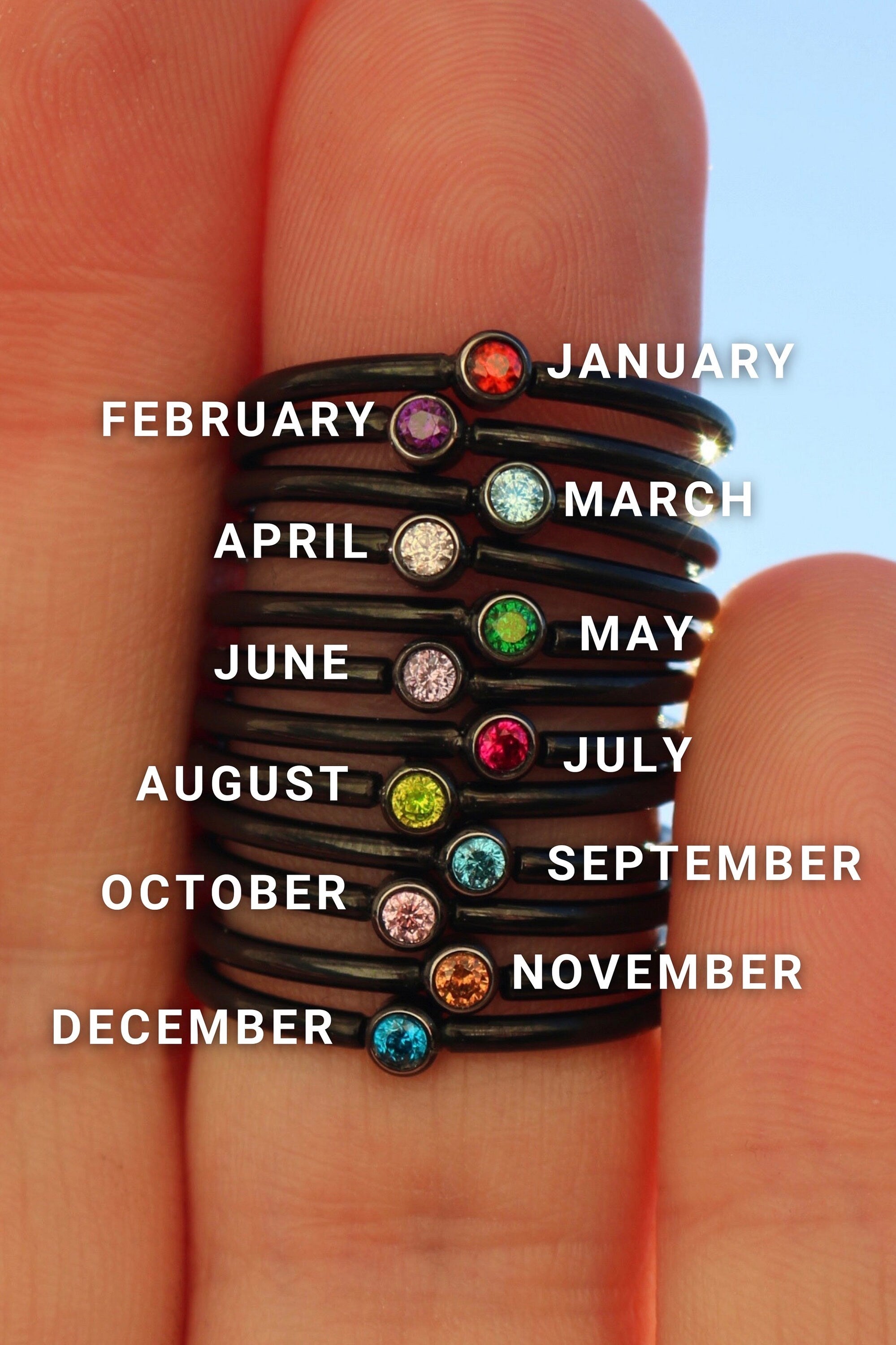 FEBRUARY Tiny Black Stackable Birthstone Ring - 2mm Stainless Steel - Birthstone Stack - Baby - Gift for New Mom Kids - Birth Month Ring