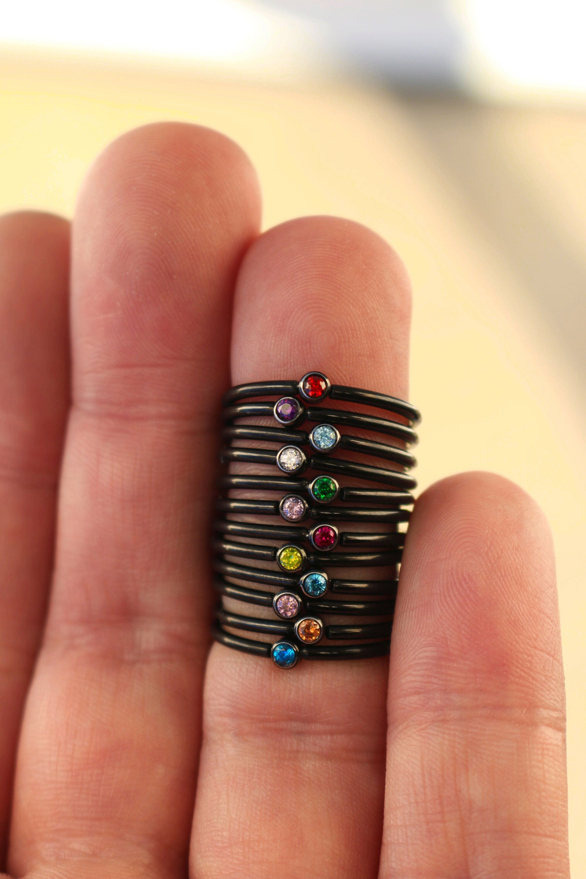 DECEMBER Tiny Black Stackable Birthstone Ring - 2mm Stainless Steel - Birthstone Stack - Gift for New Mom Kids - September Birth Month Ring