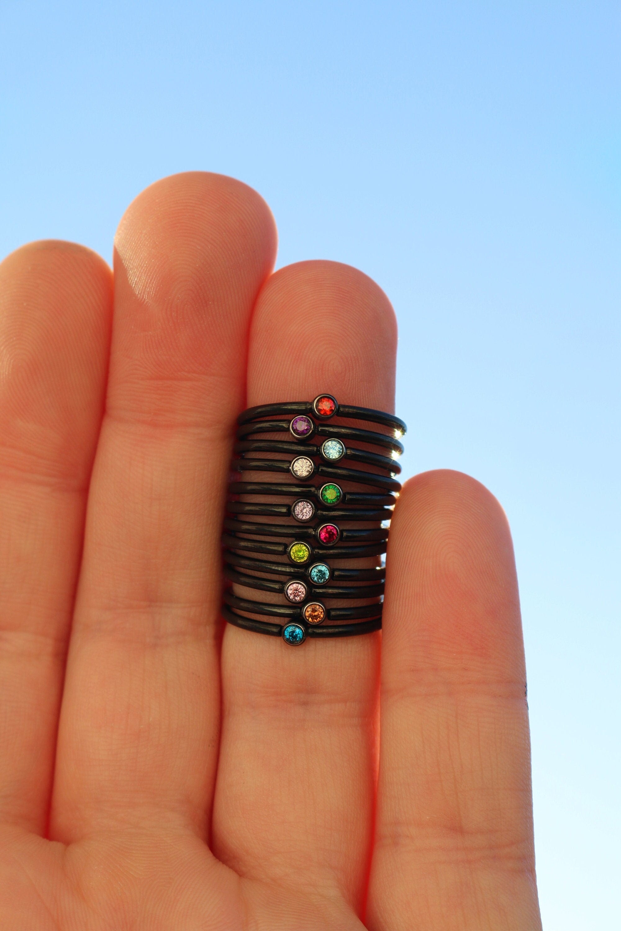 JULY Tiny Black Stackable Birthstone Ring - 2mm Stainless Steel - Birthstone Stack - Baby - Gift for New Mom Kids - July Birth Month Ring