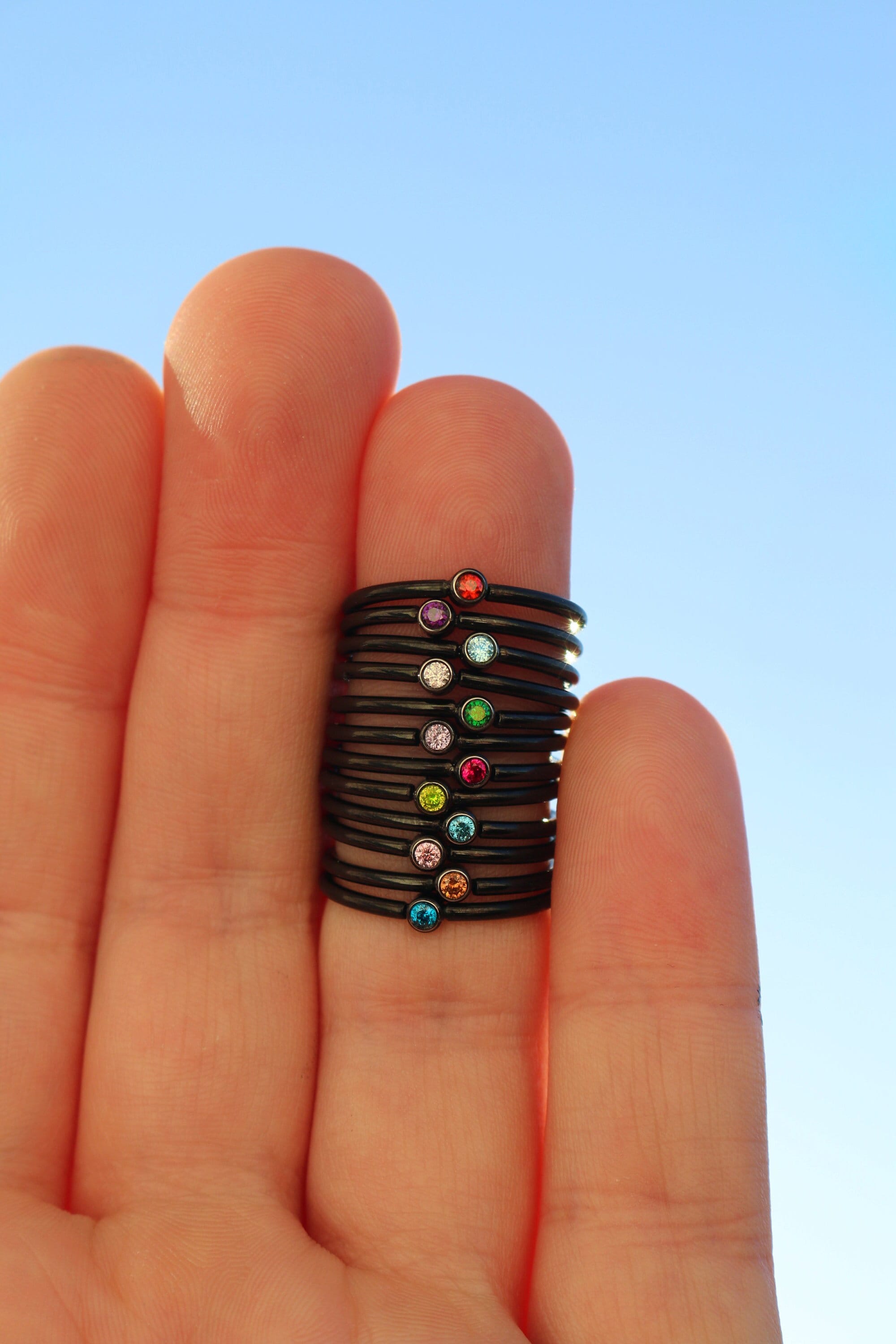 NOVEMBER Tiny Black Stackable Birthstone Ring - 2mm Stainless Steel - Birthstone Stack - Gift for New Mom Kids - September Birth Month Ring